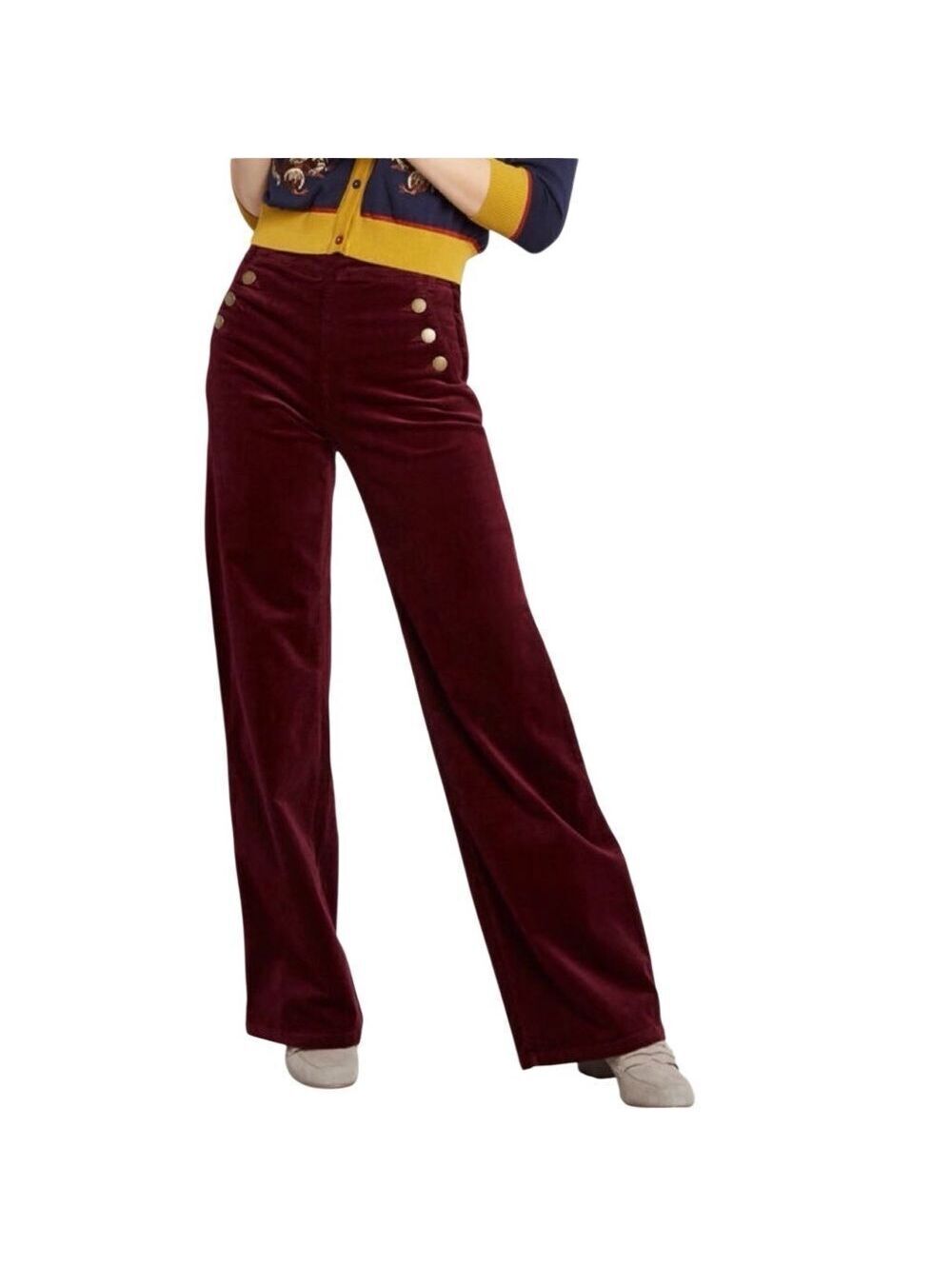 Modcloth Corduroy Wide Leg Pant Burgundy High Rise Nautical Gold Sailor Button L